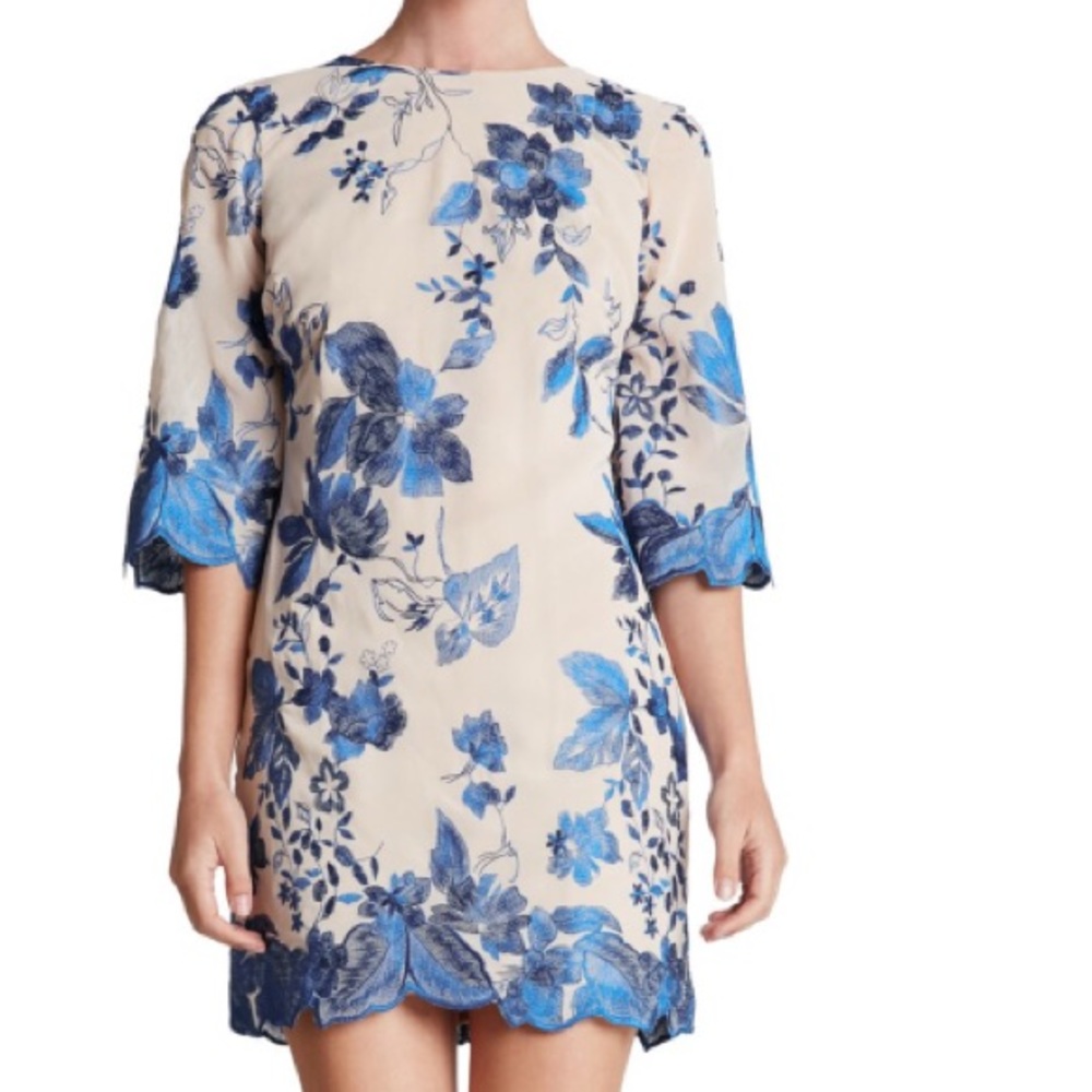 Embroidered Sheath Mini Dress with Bell Sleeves